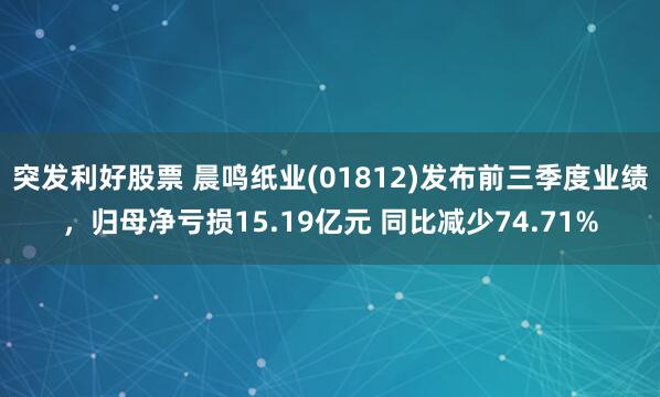 突发利好股票 晨鸣纸业(01812)发布前三季度业绩，归母净亏损15.19亿元 同比减少74.71%